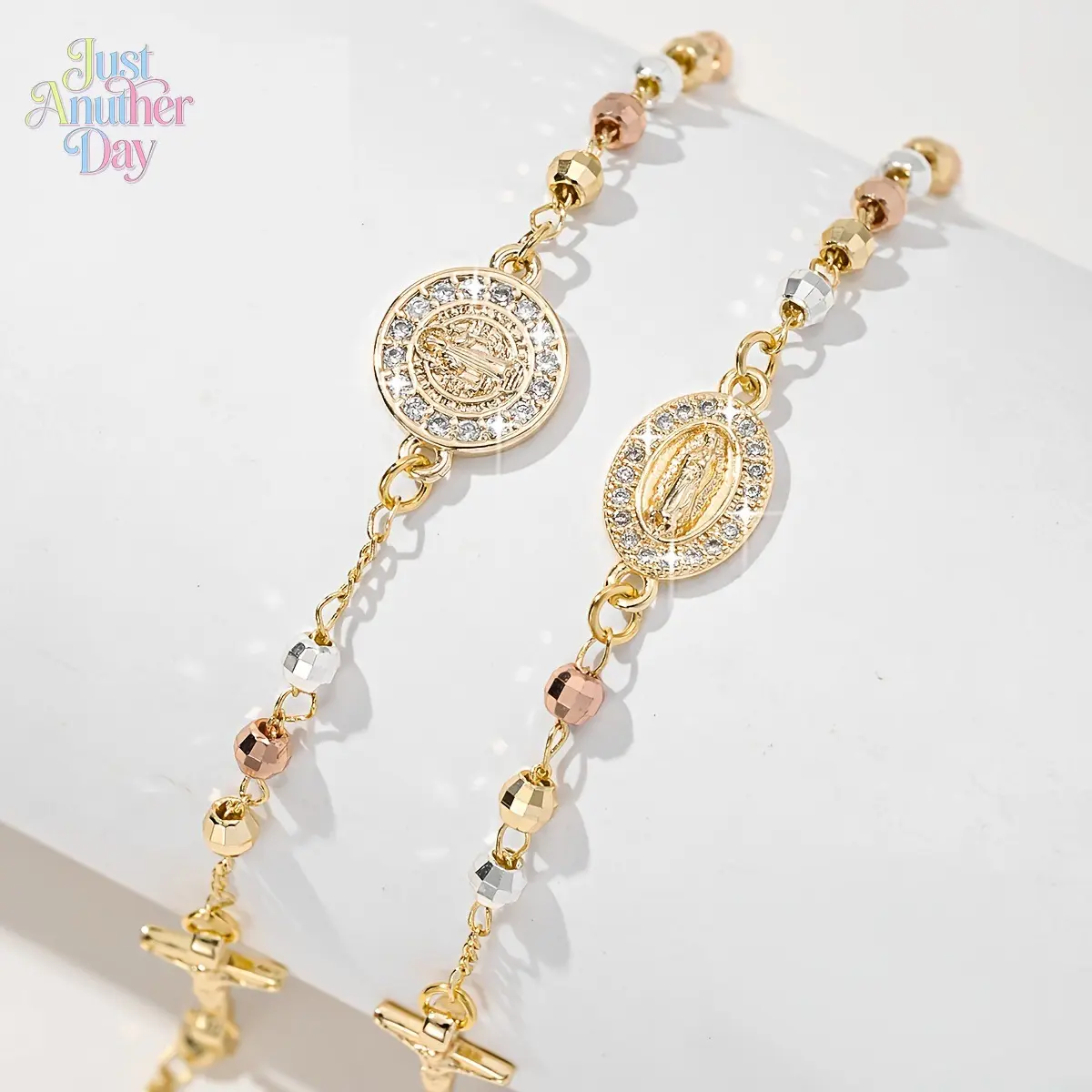 Luxury Religious Beaded Bracelet with Cross & Virgin Mary Charms, Micro Pave Zircon Inlaid, Three Tone Gold/Silver/Rose Gold Chain, Elegant Daily Wear Jewelry