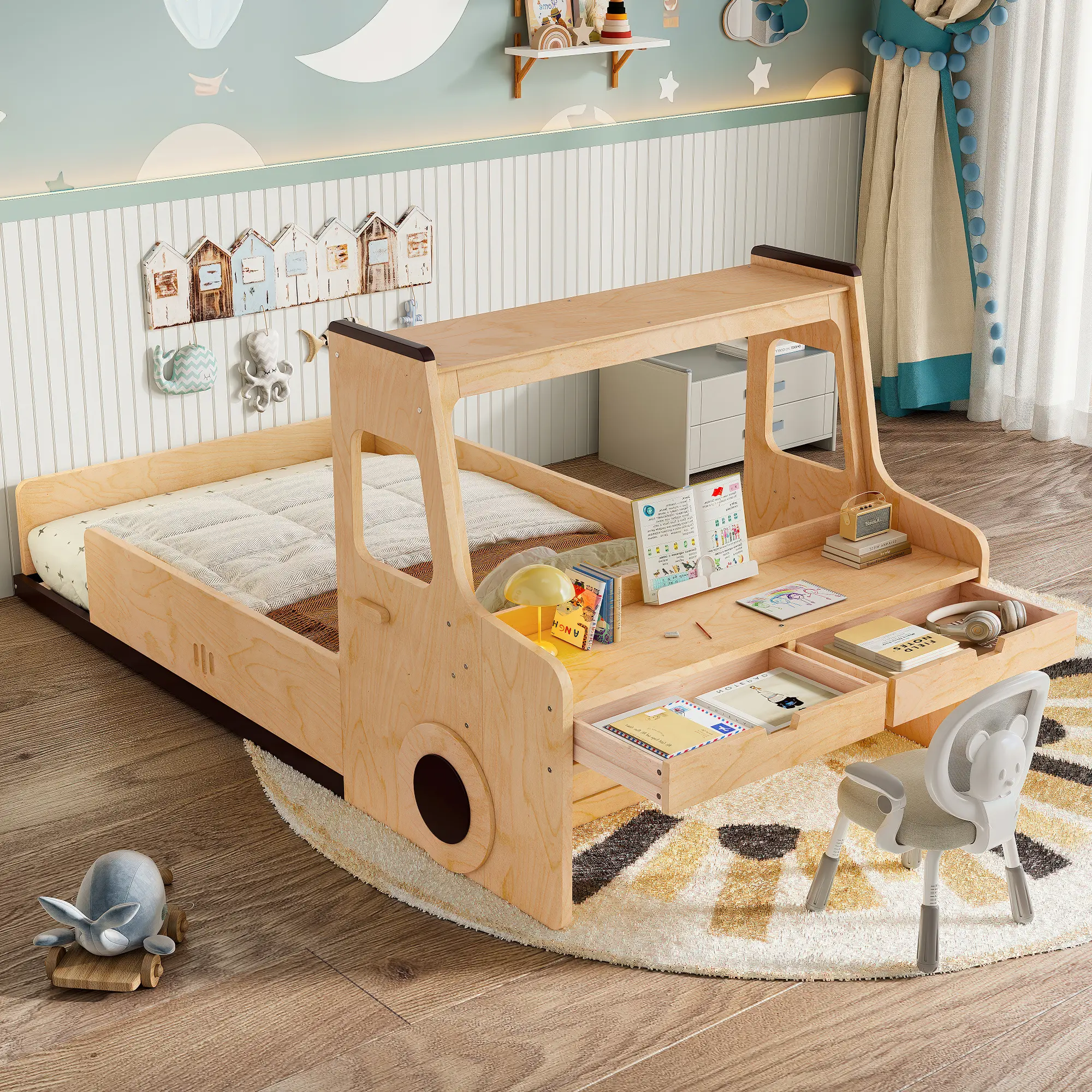 Eyisean Twin/Full Size Wooden Low Platform Floor Bed Frame with Fun Car-Shape, Multi-functional Durable Car Beds with Desk Area & 2 Storage Drawers, Easy Assembly for Bedroom, Apartment