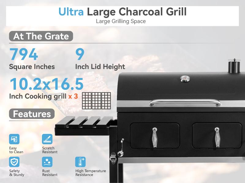 PHI VILLA Extra Large Charcoal BBQ Grill with Easy Clean Full Size Ash Tray, Enamel Grilling Racks, 794 SQ.IN. Cooking Area, Smokeless, Metal Iron Barbecue