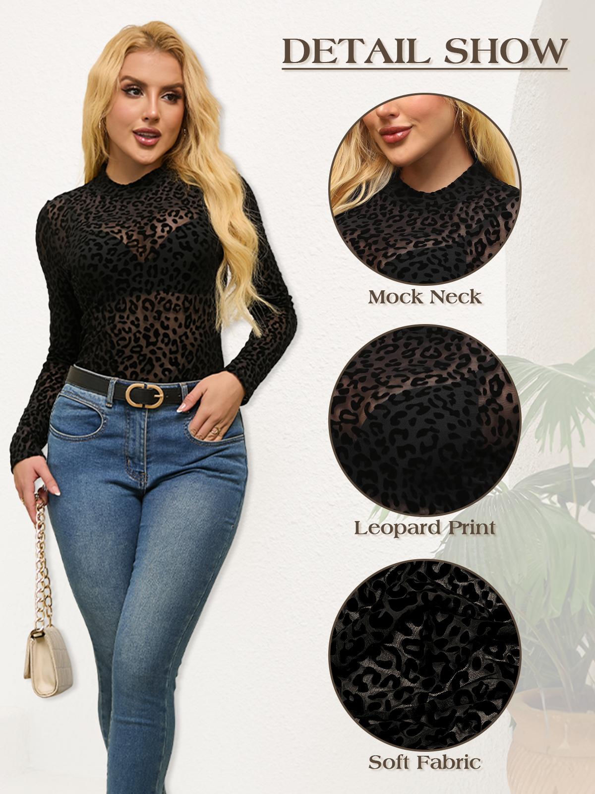 ChicovarFashion Womens Leopard Print Mock Neck Mesh Top, S-3XL,Sexy Sheer Tshirt, Non-itchy Lace Shirt, Elegant Long Sleeve Shirt for All Seasons, Ideal for Night Out, Holidays, Party, Concert SpringStatements