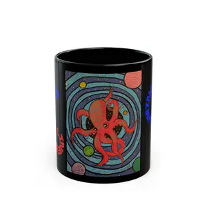 Red Octopus in Space Mug | Cosmic Tentacle Art on Black Ceramic
