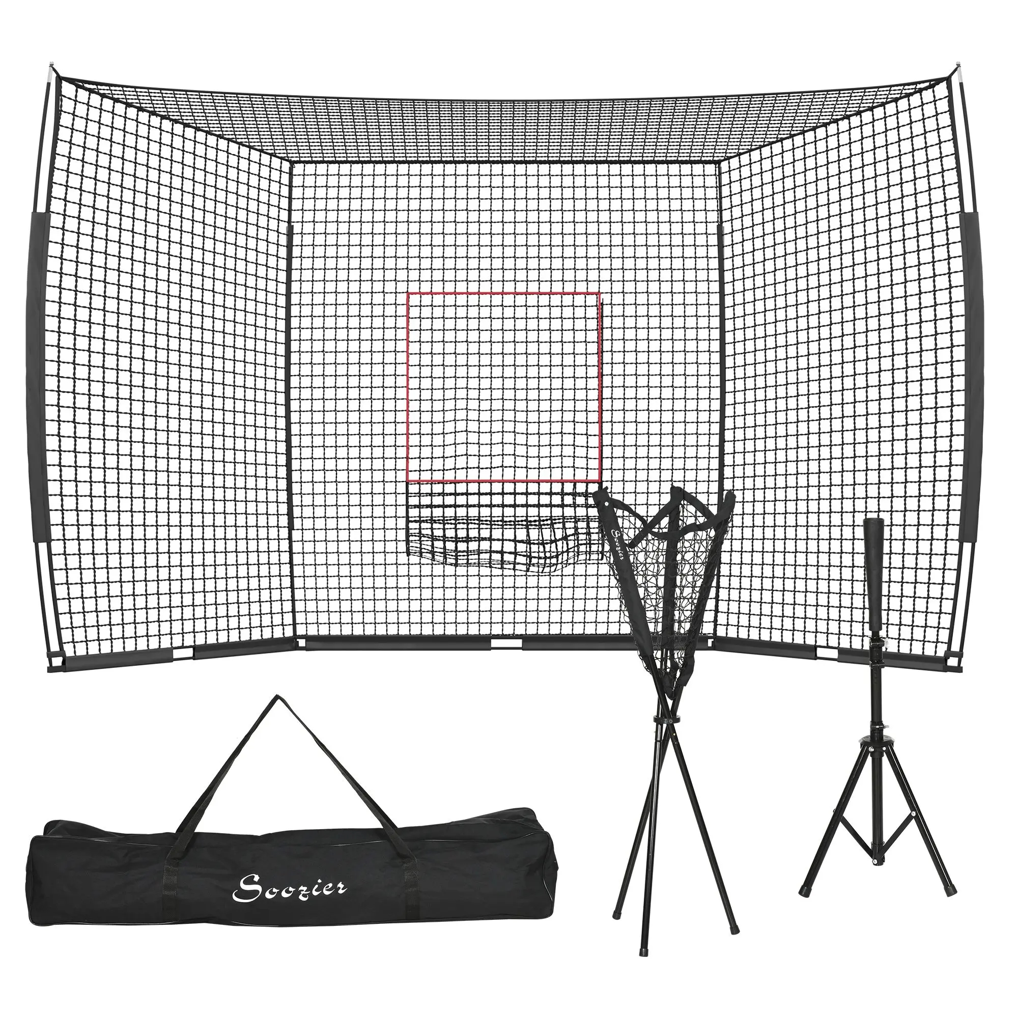 Soozier Batting Practice Equipment Set - Baseball & Softball Training Net, 17'x5.5' Strike Zone, 7.5'x7' Catcher Net, Baseball Batting Cage, Adjustable Tee, Ball Caddy, Carry Bag, Travel Bag, Backyard, Outdoor, Training Equipment, Portable Batting Cage