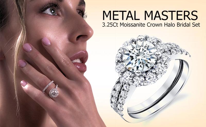 3.25Ct Round Moissanite Crown Halo Bridal Set 18K Over Silver Wedding Engagement Ring Set