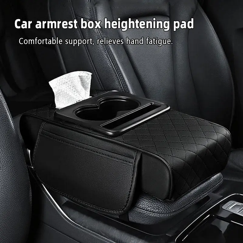 2026 New Multifunctional Pu Leather Car Armrest Box Mat, Universal 5-in-1 Center Console Cover with 2 Storage Bags Cup Holder, Tissue Box Slot, Phone Slot, Car Armrest Storage Boxs (Black)