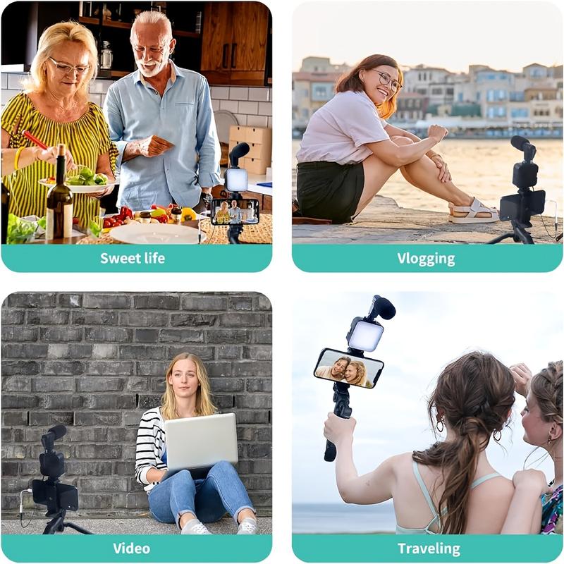 Portable foldable live streaming stand, portable tripod selfie stick with LED lights and microphone, Black phone holder, Selfie accessory