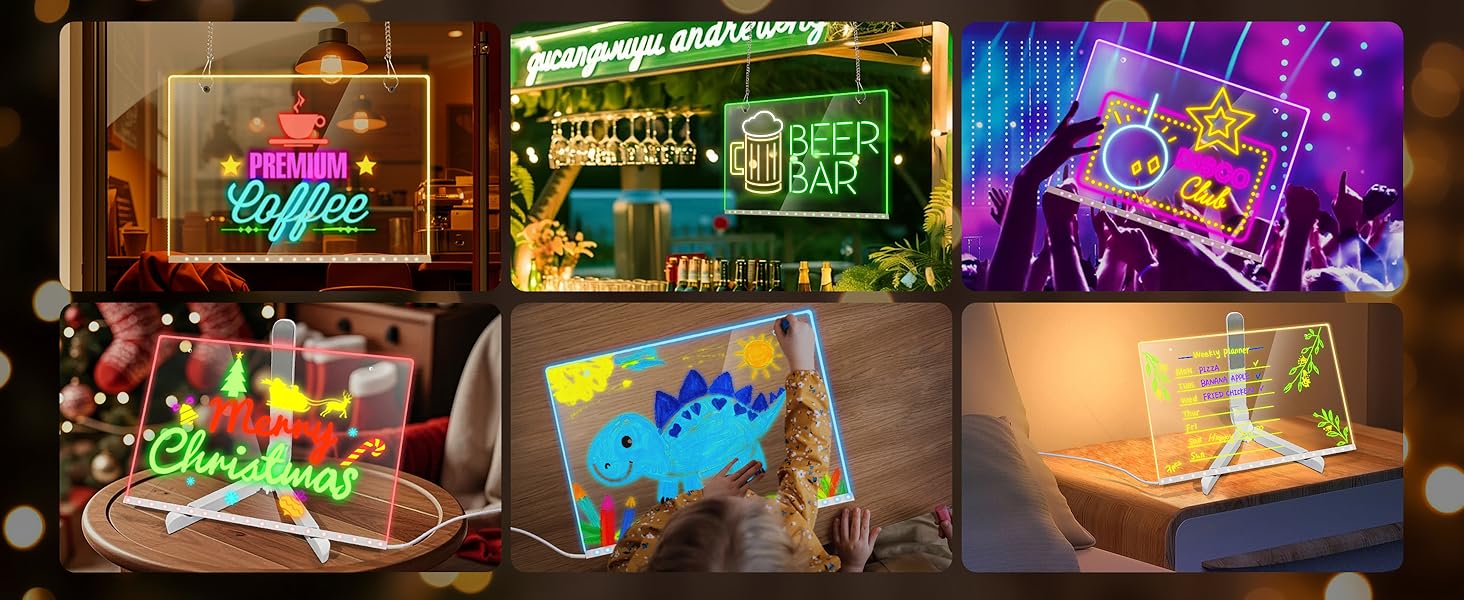 【Hot Selling Gift】LED Drawing Board with 7-Colors,Equipped with Stand,8 Colored pens (with Eraser Caps),Sketchbook,Adapter, Hook, Chain, Spray Bottle, Cloth and Sketchbook (12x“8”) LED Note Board