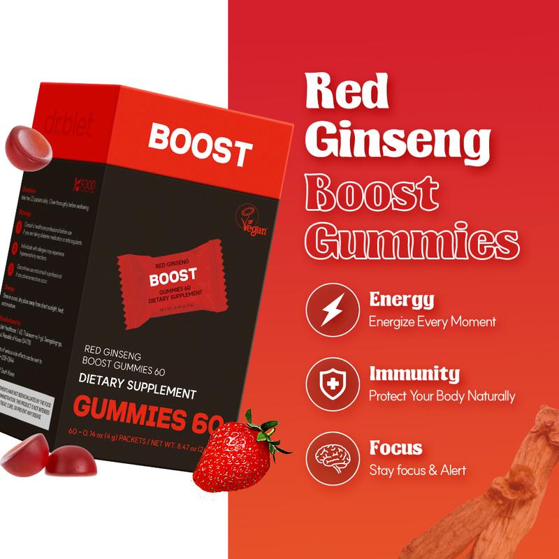 dr.blet Red Ginseng Gummies, 60 packets, Strawberry Flavor, Daily Energy, Immunity & Focus Support, Vitality & Alertness, Natural Wellness Support, Caffeine-Free, Easy Chew, Non-GMO, Gluten-Free, Vegan