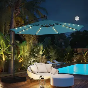 [With Base & LED Lights] 10ft Solar Powered Offset Outdoor Patio Umbrella with Base, LED Lights, Easy Tilt & Crank, UPF50+ UV Protected Shade for Garden, Backyard, Poolside