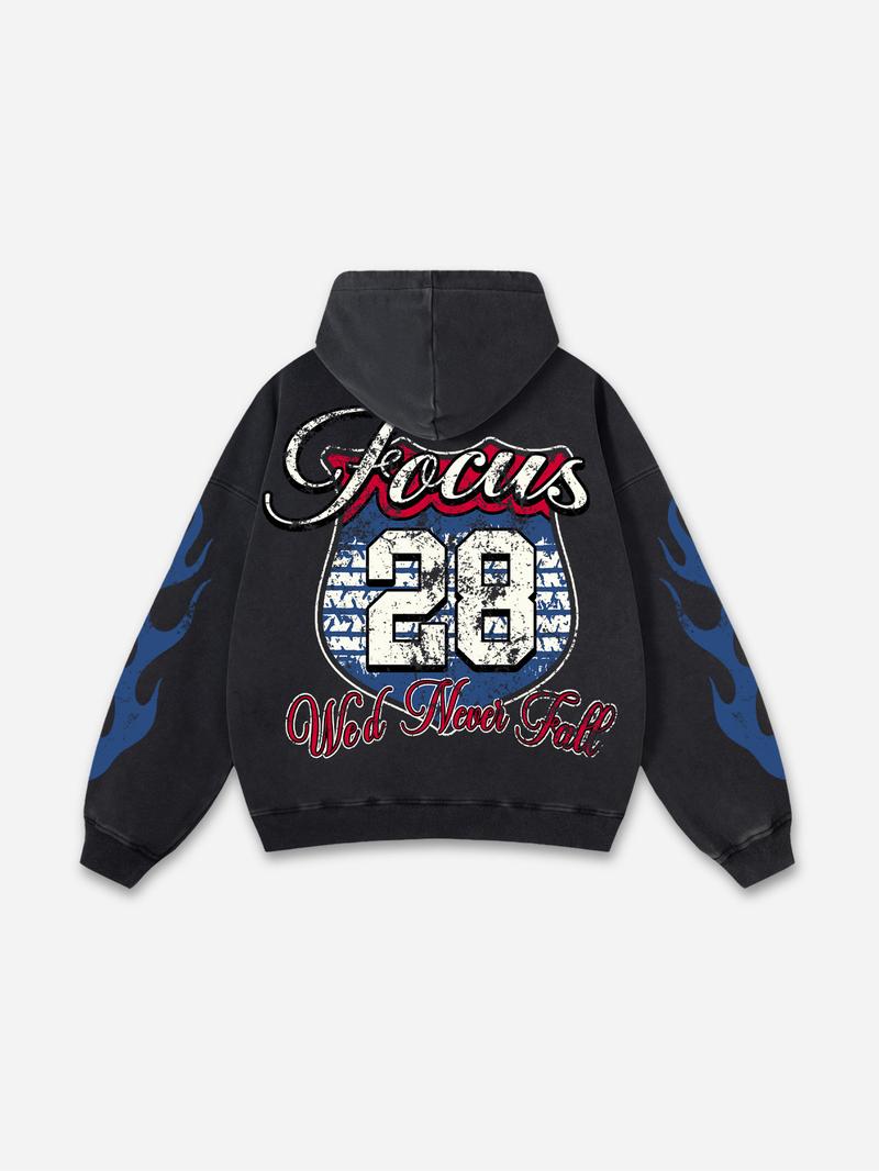 Sopula Studio Men's No. 28 Racing Elements Vintage Graphic Washed Casual Long Sleeve Pullover Black Hoodie