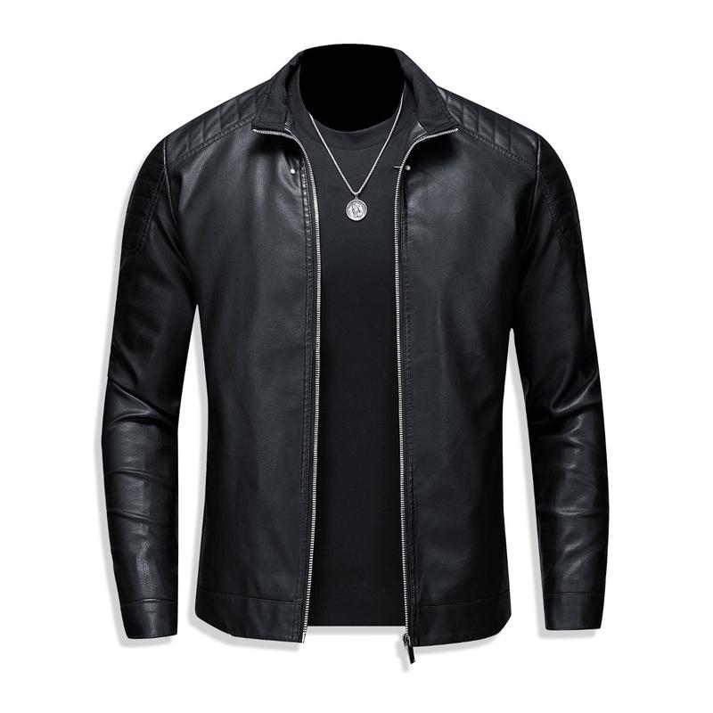 New Autumn Winter Men's Leather Jacket Warm Coat Casual Turn down Collar Clothing Fabric Top Long Sleeve Black Suitable For Outdoor Activities And Daily Life