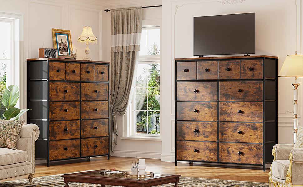 Raybee Furniture 12 Drawers Dressers, Wood Top & Metal Frame, Tall Fabric Dressers for Bedroom, Living Room, Hallway, Closet