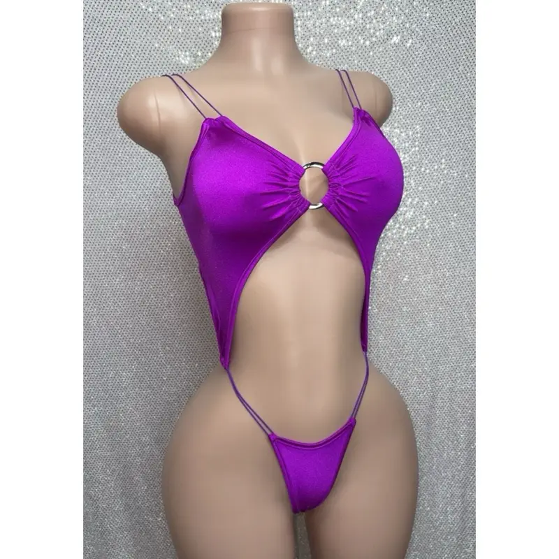 Exotic Dance Outfit - One Piece - Purple - Metal - Sparkling Design for Performance Wear with Unique Circular Cutout Detail on top