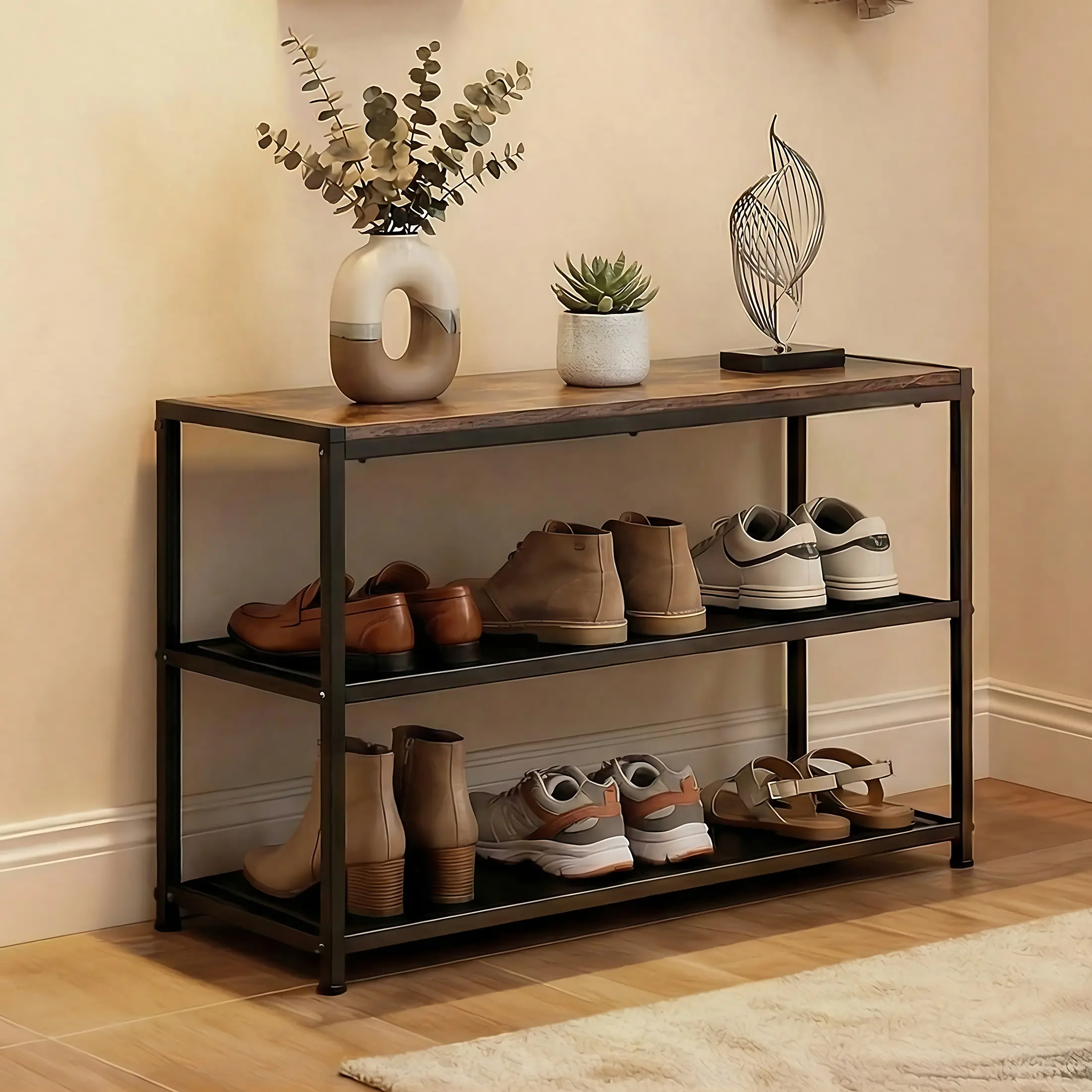 Sweetcrispy 3-Tier Industrial-Grade Free-Standing Furniture-Style Shoe Bench with Storage - Metal Frame, Compact High-Capacity Pre-Built Shoe Rack Organizer, Mesh Shelves, Engineered Wood, Easy Setup for Entryway, Hallway, Pre-Built Shoe Racks, Free-Stand