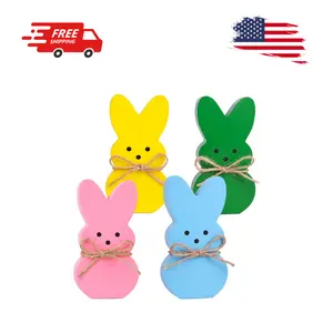 Easter Décor, 4 Pcs Wooden Peep Bunny Decorations for Tiered Tray