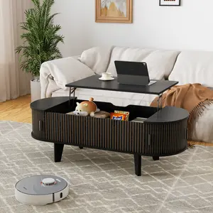Oval Lift Top Coffee Table with Storage, 47.2" Mid Century Modern Living Room Center Table with 180° Sliding Tambour Door, Wood Fluted Coffee Table for Home Office, Black