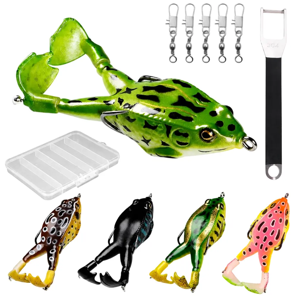 1Set Frog Lure Bass Trout Fishing Lures Kit Set Realistic Prop Frog Soft Swimbait Floating Bait with Weedless Hooks for Freshwater Saltwater