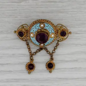 Vintage Etruscan Style Brooch Purple Glass Enamel Pin