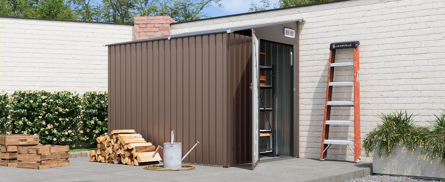 Aoxun 7'x5.5' Lean to Shed Large Storage Room Galvanized Steel with Side Door Waterproof Utility Shed for Mower Bike Garden Tools Brown