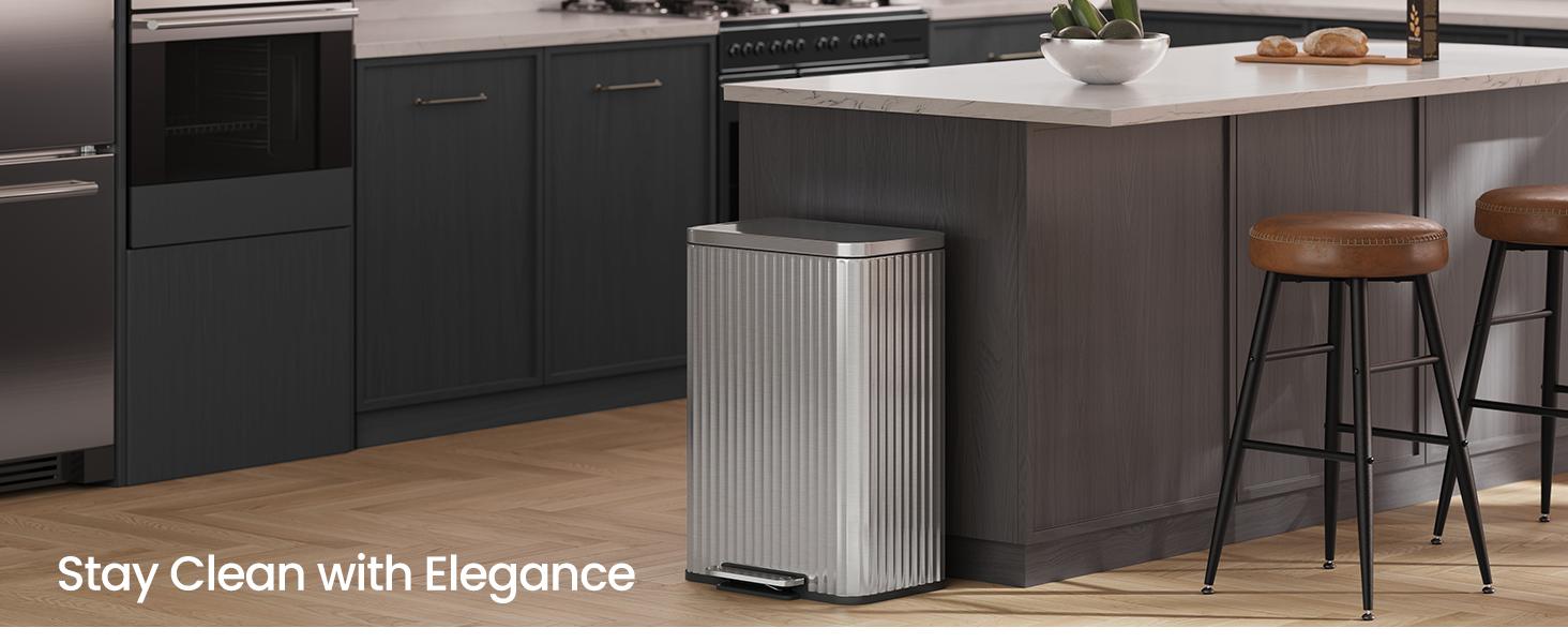 SONGMICS Trash Can, 13 Gallon (50 L) Garbage Can for Kitchen, with Lid, Pedal, and Removable Inner Bucket, Soft Close, Stainless Steel, 15 Trash Bags (Code K) Included