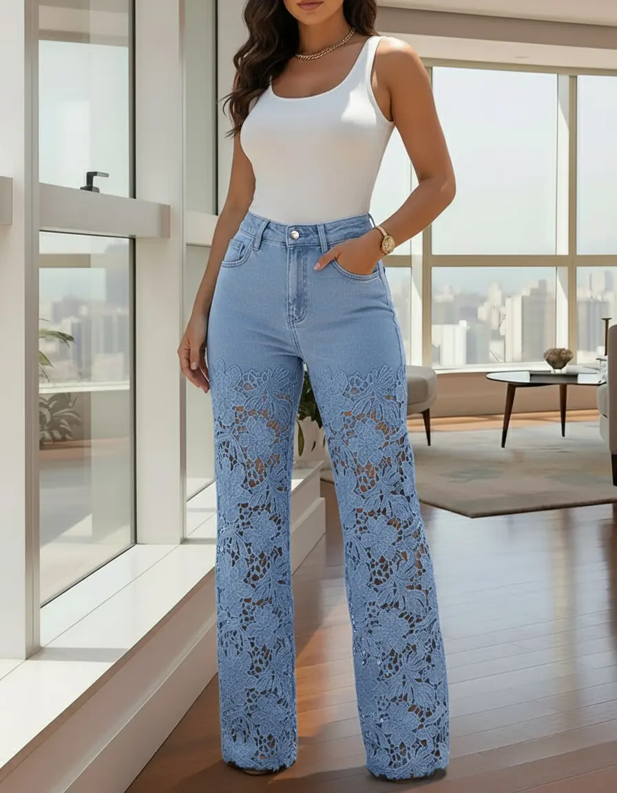 Live Only CHICME Guipure Lace Spliced High Waist Zipper Fly Wide Leg Washed Jeans