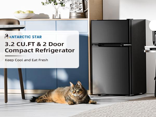 Antarctic Star Mini Compact Refrigerator, 3.2 Cu.Ft. Separate Freezer Double 2-Door Adjustable Removable Shelves,Mini Fridge with Double Doors, for Basement/Apartment/Dorm/Office