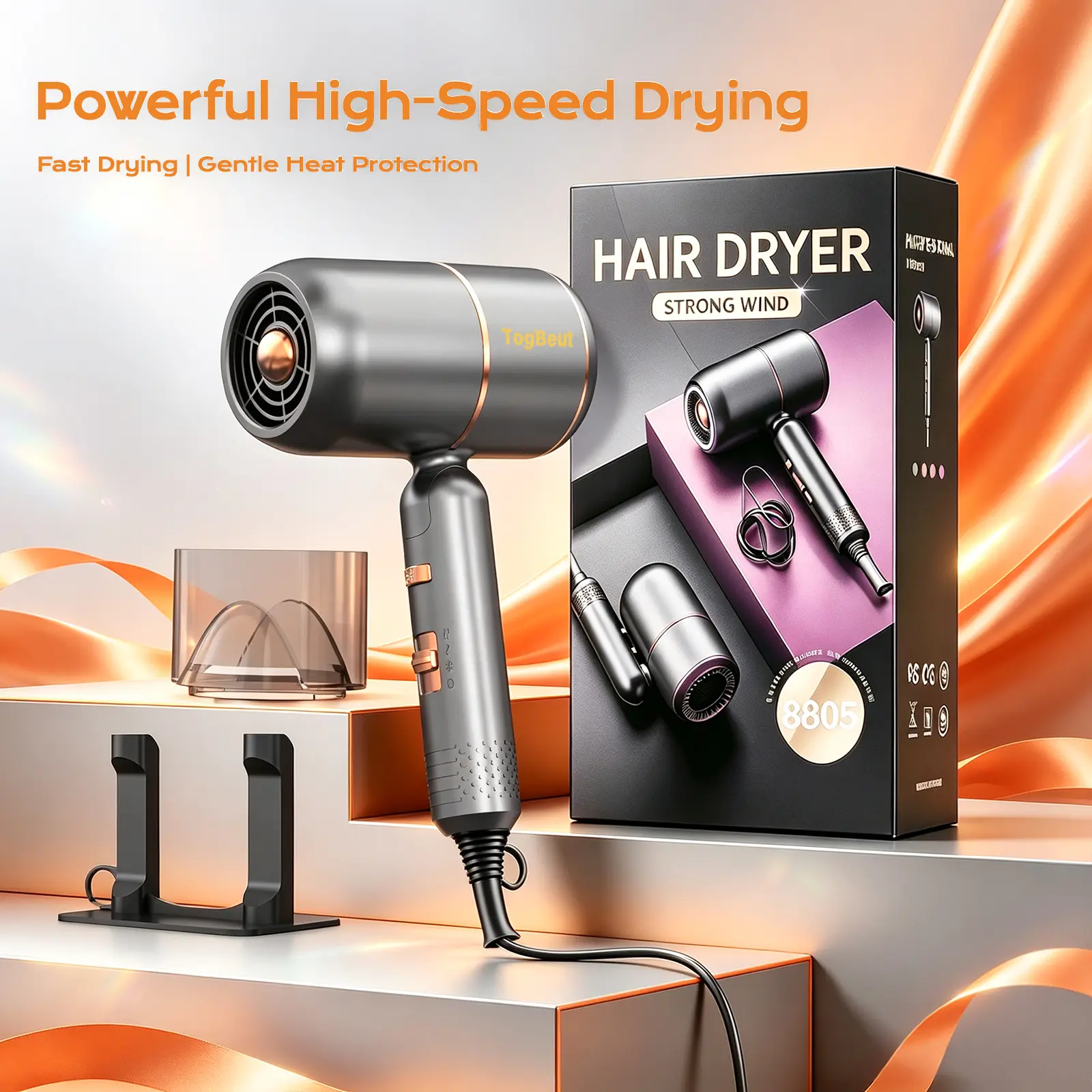 Portable Foldable Ionic Blow Hair Dryer 1800W High Speed Fast Dry, Negative Ion Hair Care Hairdryer with Diffuser, Wall Mount Holder & Safety Plug for Travel Household Salon