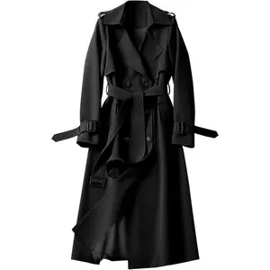 Women Oversized Long Trench Coat Double Breasted Notch Lapel Belted Overcoat Classic Elegant Windproof Outerwear Fall