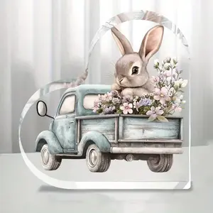 Heart-shaped acrylic figurine, bunny truck design | Decorative plaques and statues, perfect for home and office décor, ideal holiday gift, vintage style, perfect Easter and year-round display gift.