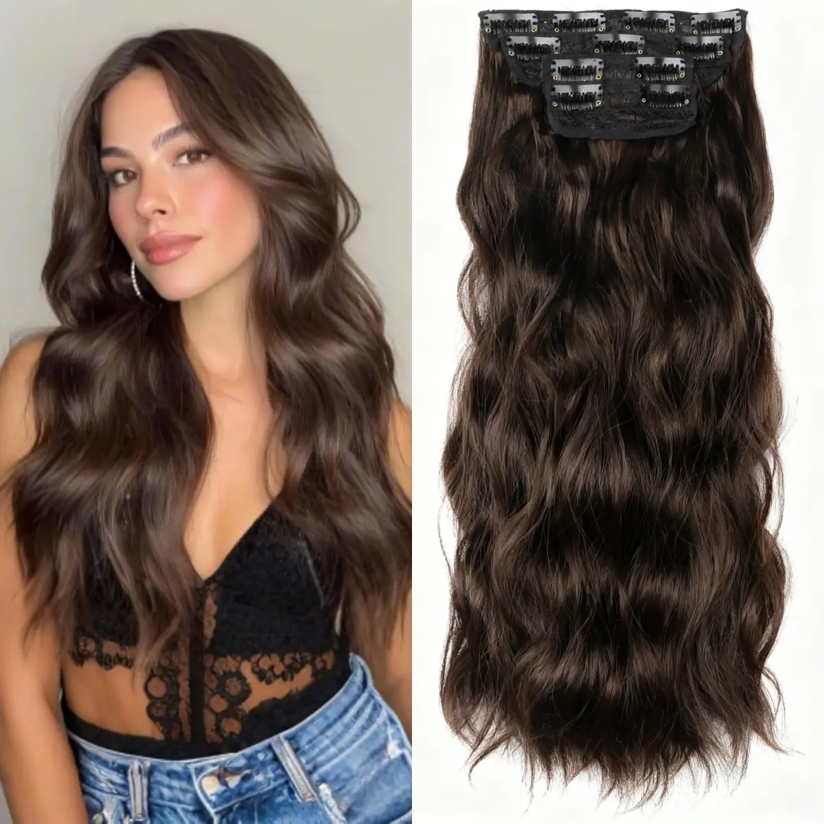 Women's Clip in Hair Extensions - 20 Inch Thick Synthetic Extensions & Pieces, 4PCS Double Weft Fiber Hairpiece, Dark Brown Water Wave for Daily Use with Natural Look