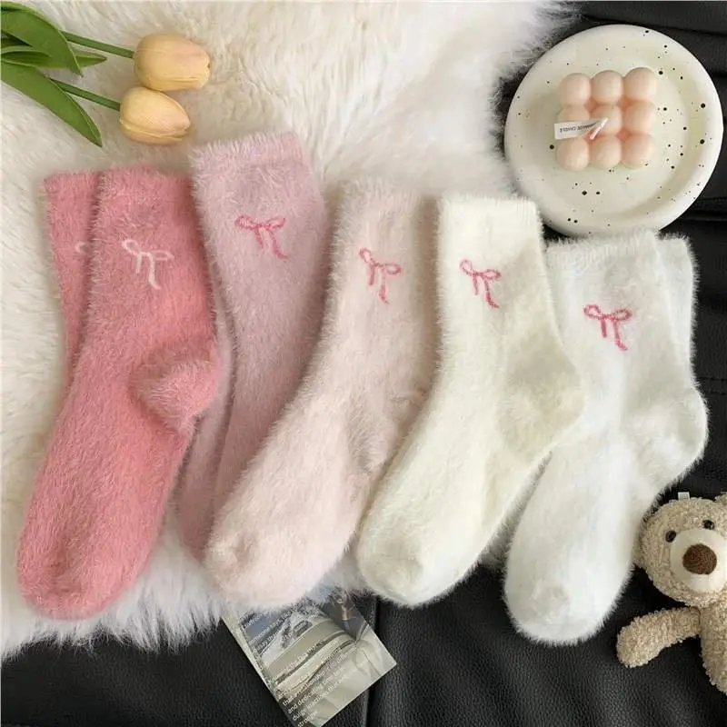 Women's Crewsocks - Mixed 5 Pairs Fuzzy Microfiber Slipper Socks with Bows, Soft Cozy Warm for Winter Lounging, Christmas/Birthday Gift Set for Her
