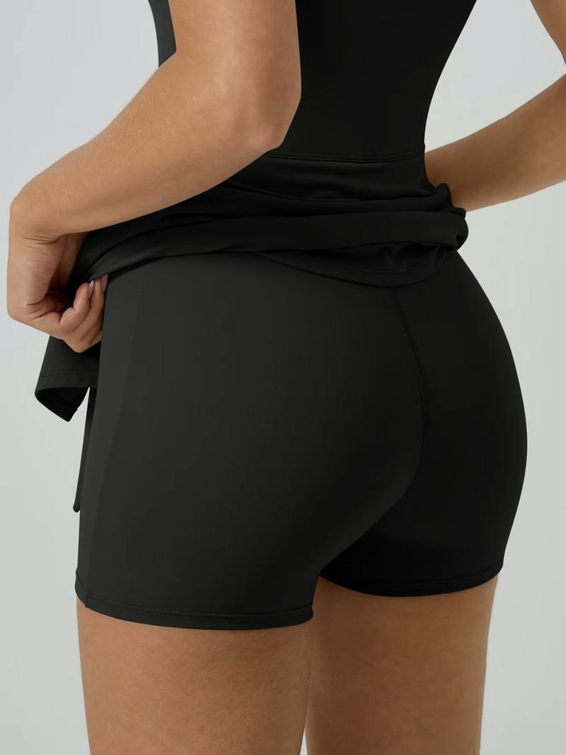 Women's Long Sleeve Solid Color Tennis Dress with Side Slit & Built-in Shorts for Yoga Golf & Athletic Activities Sportswear High Stretch Nylon Womenswear