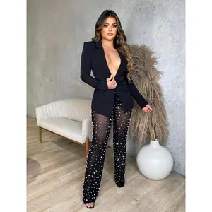 Two-piece Set Women's Plain Lapel Neck Blazer & Sheer Contrast Mesh Faux Pearl Decor Pants, Elegant Fashion Outfits for Work Office Business, Ladies Fall & Winter Clothes（gift） Womenswear Suits