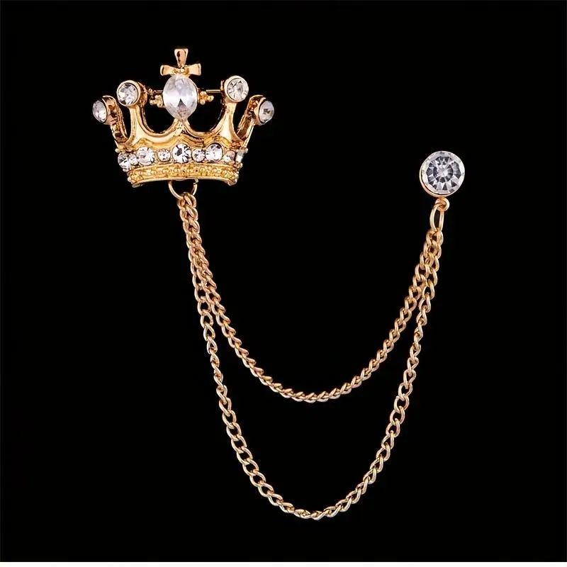 Men's Elegant Gold Rhinestone Brooch with Dangle Chain - Premium Suit Pin for Weddings, Parties, Ceremony
