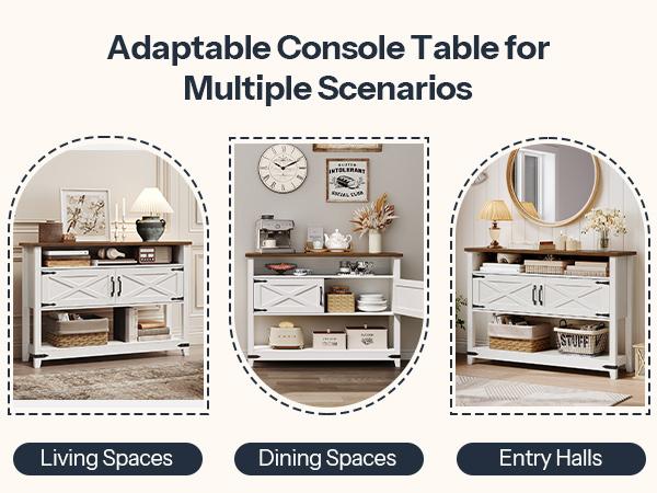 HOOBRO Farmhouse Console Table with Storage, 47.2" Long Entryway Table, White Sofa Table with Doors and Cabinets, Narrow Sofa Table Behind Couch, for Hallway, Foyer, White and Walnut