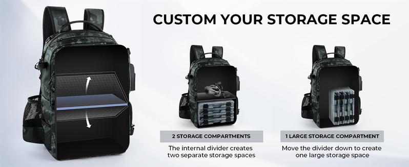 50L BaitSpace Fishing Tackle Backpack with Removable Bait Binder & 4 Tackle Boxes, Rod Holders Storage Fishing Gear