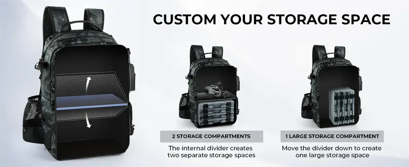 Adjustable internal divider creates one large compartment or two storage compartments