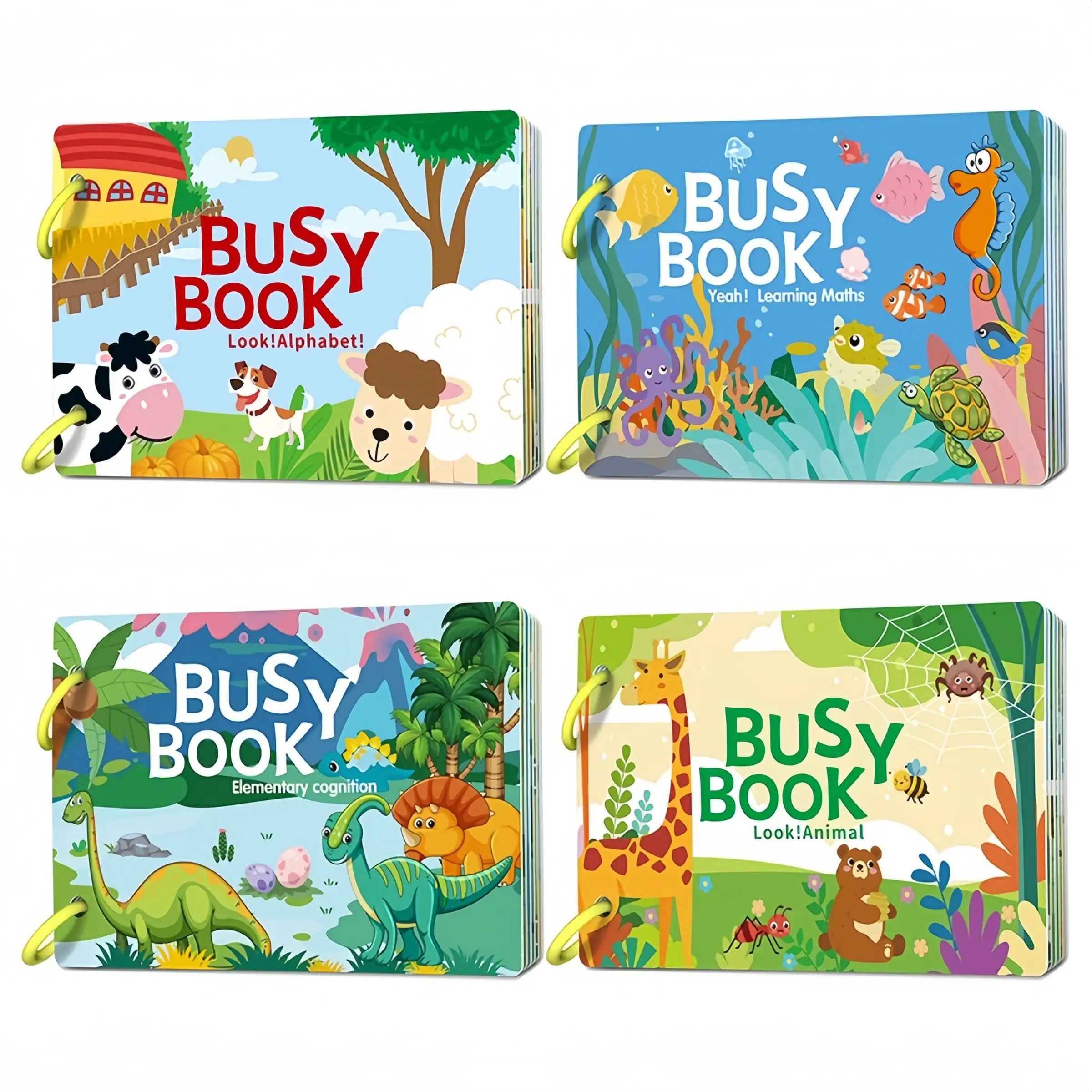 4-Piece Early Education Busy Book Set, Multiple Themes Maths Alphabet Letter Number Cognitive Puzzle Reusable Sticker Book, Ideal Birthday Gift for Kids, Toddler Activity Books, Toddler Busy Book, Preschool Busy Book