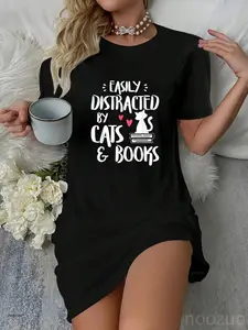 Easily Distracted by Cats and Books - Cat & Book Lover,Short Sleeve Casual Dress