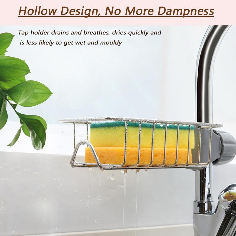 Kitchen Sink Caddy Organizer Over Faucet Sponge Holder, Stainless Steel Heavy Duty Thickening Hanging Faucet Drain Rack for Scrubbers, Soap, Bathroom, Detachable No Suction Cup or Magnet