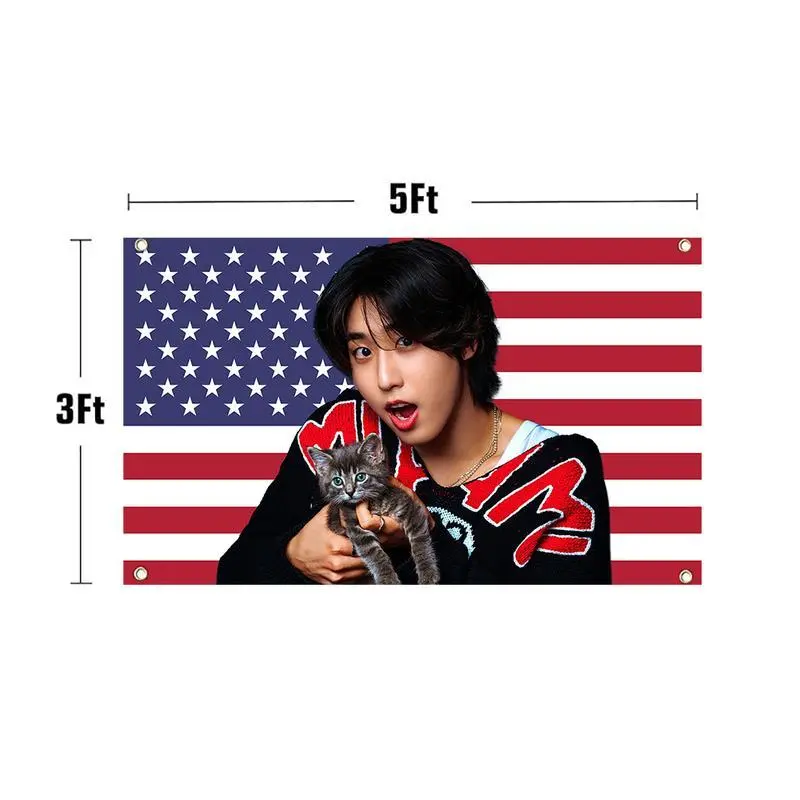 SKZ Han & Kitten Friends School USA Kpop Synthetic Durable Polyester Tapestry Wall Hanging, 3x5ft Indoor Wall Decor Flag with Brass Grommets, Room Dorm Gift