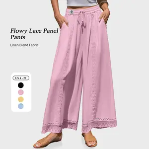 【SS26 Collection】TARSE Womens Linen Blend Wide Leg Pants Summer Flowy Lace Loose Boho Lounge Beach Vacation Palazzo Pants with Pocket