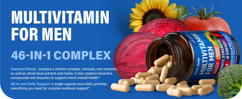 46-in-1 Multivitamin Complex for Men. B-Complex, Whole Foods & Enzymes for Energy, Focus & Brain. Bioavailable & Gentle on Stomach. Made in USA. 90 Capsules