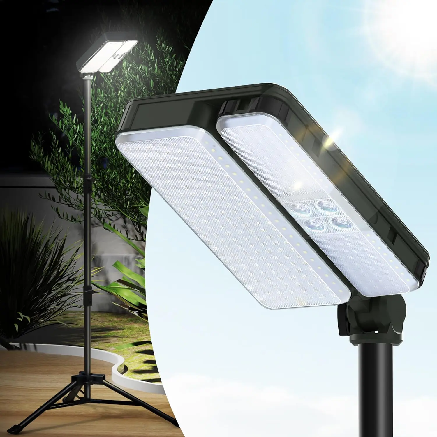 10000lm Dimmable Rechargeable Work Light, 15000mAh Detachable Camping Work Light 72'' Telescopic with 2 Separate Lights, 2 Charge Ways Type C & Solar Powered