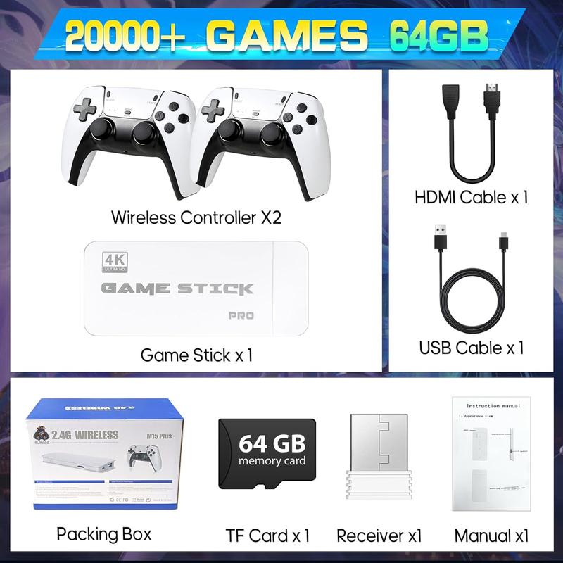 Retro Gaming Console, 20,000+ Classic Games, HDMI Plug & Play Game Stick, Dual Wireless Controllers, 23 Emulators, Save & Search Support, Gift for dults