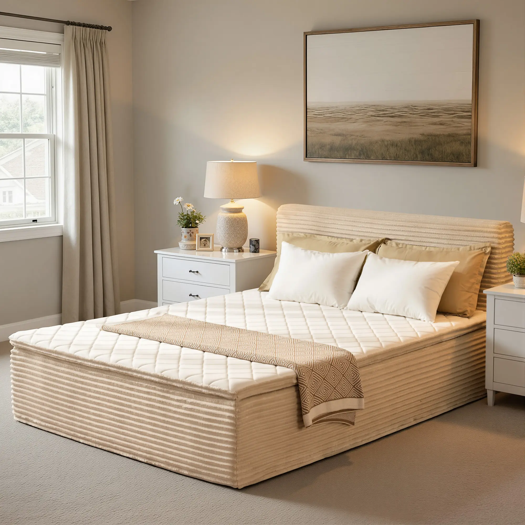 ALLWEX 60" Queen Size Rectangular Luxurious Cloud Platform Bed with Included 6-Layer Hybrid Layers Mattress, Modern Upholstered Bed with Padded Headboard, No Frame Needed, Pocket Springs & Adaptive Foam, 0-Assembly Compressed Pack Grey Indoor Furniture