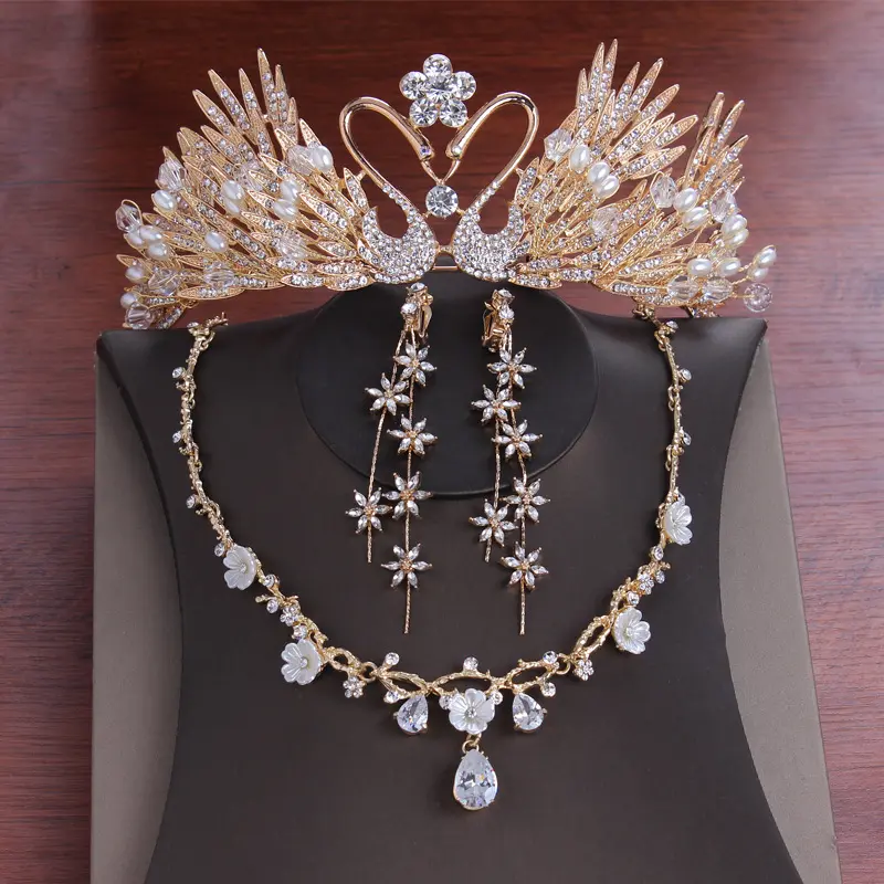Bridal Headdress, Wedding Dress Hair Accessories Crown Necklace Earrings Three-Piece Set Wedding Accessories