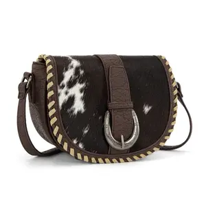 Trinity Ranch Western Unique Hair-On Cowhide Saddle Stitch Crossbody Bag