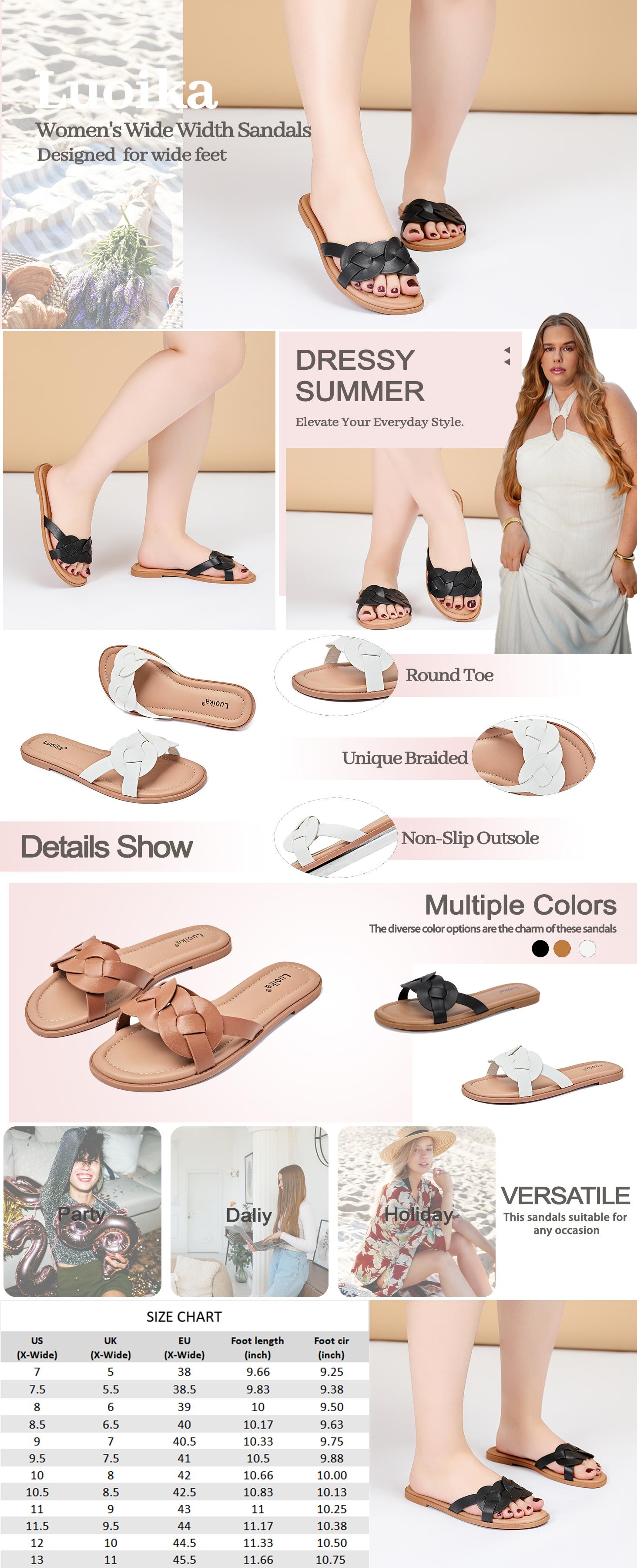 Luoika Women's Wide Width Flat Slides Sandals, Casual Comfortable Summer Beach Shoes Slip on Slide Sandal for Women.