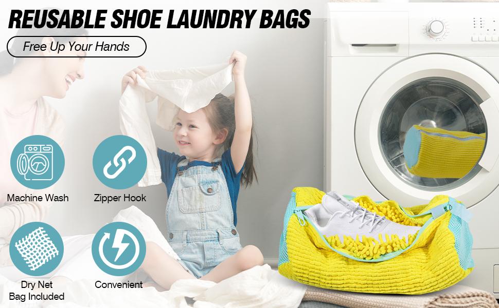 2-Pack XXL Shoe Washing Machine Bags – Reusable Sneaker Laundry Bags for Washer & Dryer, Sturdy Zipper with Hook, 360° Clean for Tennis Shoes, Slippers – Includes 2 Yellow Shoe Dust Bags