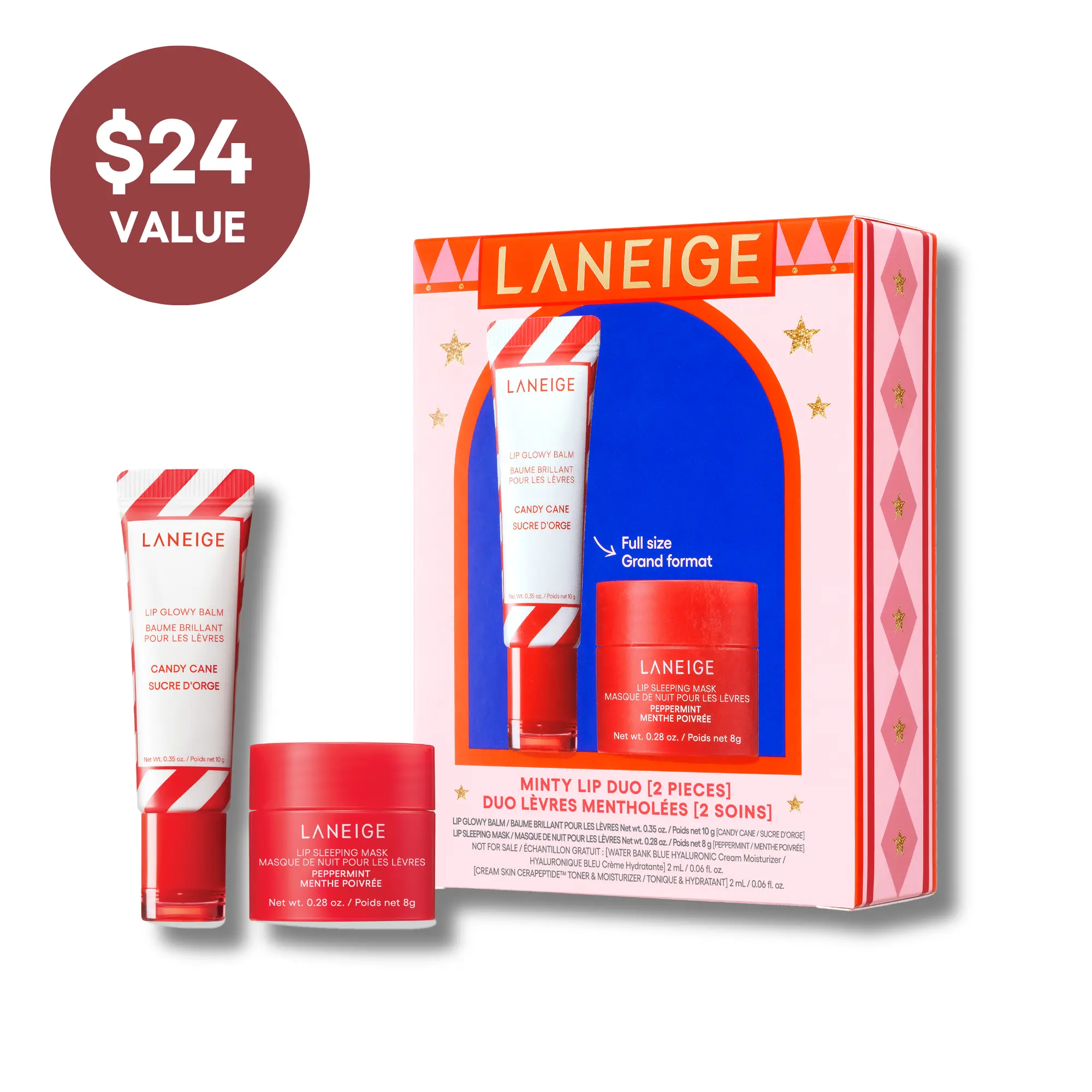 Laneige Minty Lip Duo, Candy Cane Lip Glowy Balm, Peppermint Lip Sleeping Mask, Hydrating Gift Set Coconut Kit